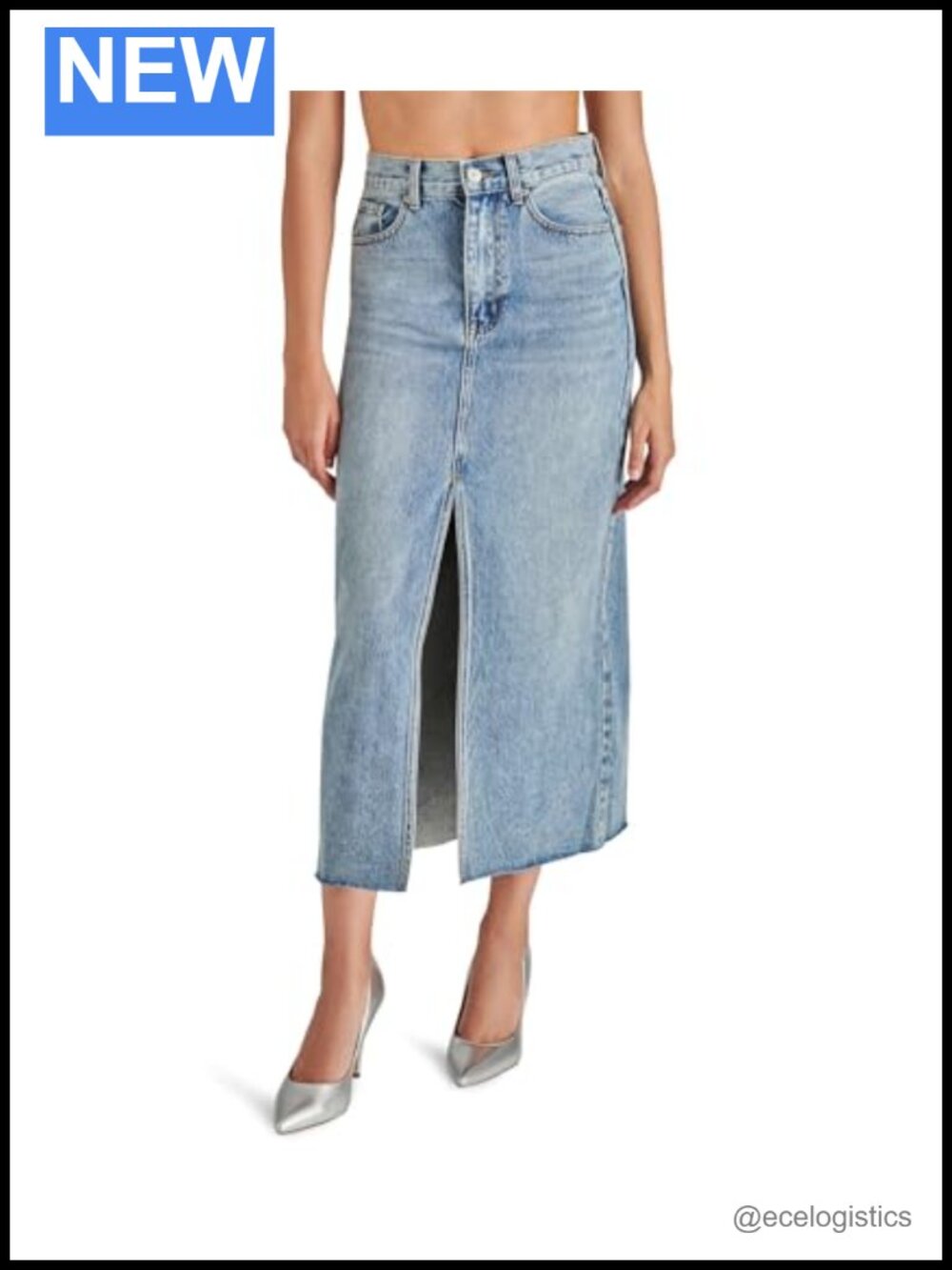 High Rise Midi Denim Skirt Pull On Lightweight Cotton Spring
